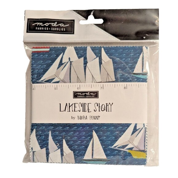 Moda Lakeside Story Sailing Boats Blue 42 5-in Charm Precut Fabric Quilt Squares - Picture 1 of 11